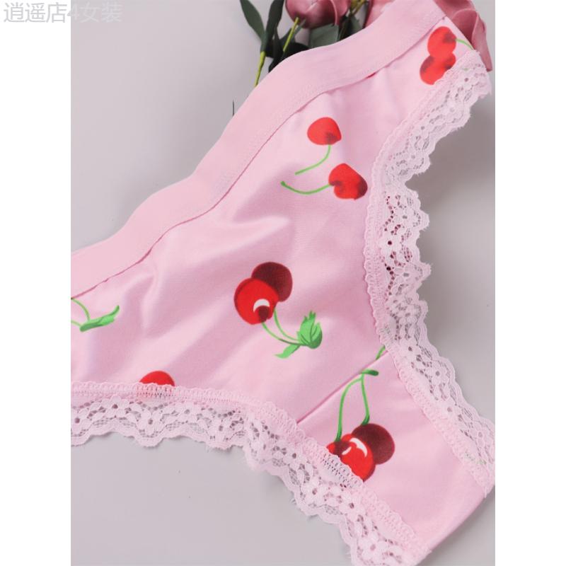 3pcs Cute Heart & Fruit Print Thongs, Lace Trim Comfy Intimates Panties for Women Fabric Panty