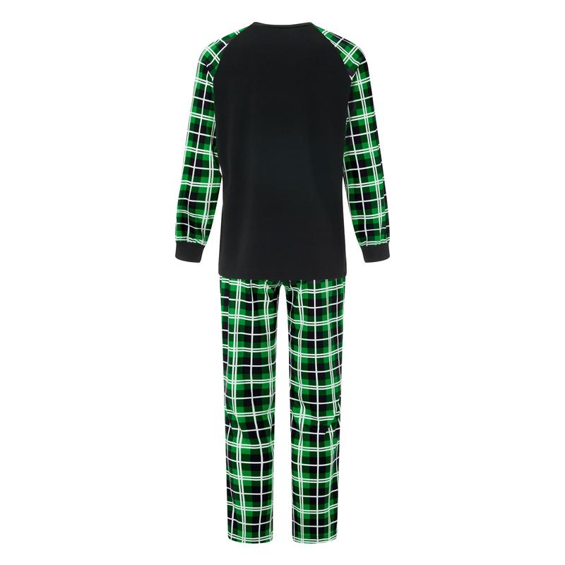 Green Family Matching Christmas Pajamas, Letter Print Long Sleeve Tops and Plaid Pants Sleepwear Set