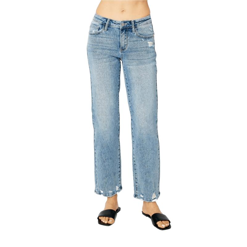 JUDY BLUE MID RISE MEDIUM WASH DESTROY STRAIGHT JEANS