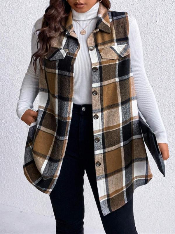  Plaid Print Button Front Curved Hem Vest Coat, Casual Sleeveless Collared Outerwear for Fall & Winter, Women's Clothes for Daily Wear, Fall Clothes