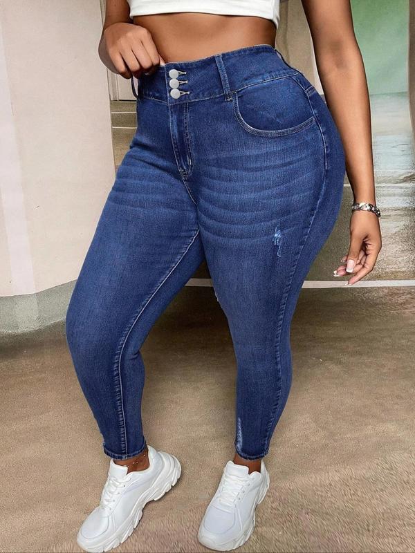 Plus Size Ripped High Waist Denim Pants, Fashion Casual Skinny Jeans for Daily Outdoor Wear, Women Plus Clothing for All Seasons