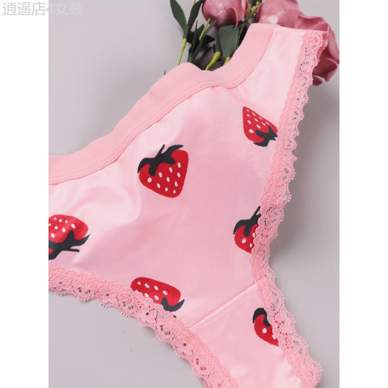 3pcs Cute Heart & Fruit Print Thongs, Lace Trim Comfy Intimates Panties for Women Fabric Panty