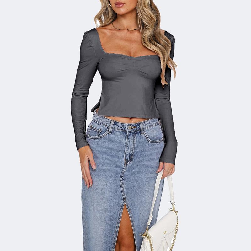 Women T-shirt, Long Sleeve Backless Solid Slit Ladies Crop Top Streetwear for Daily Party Basic versatile top