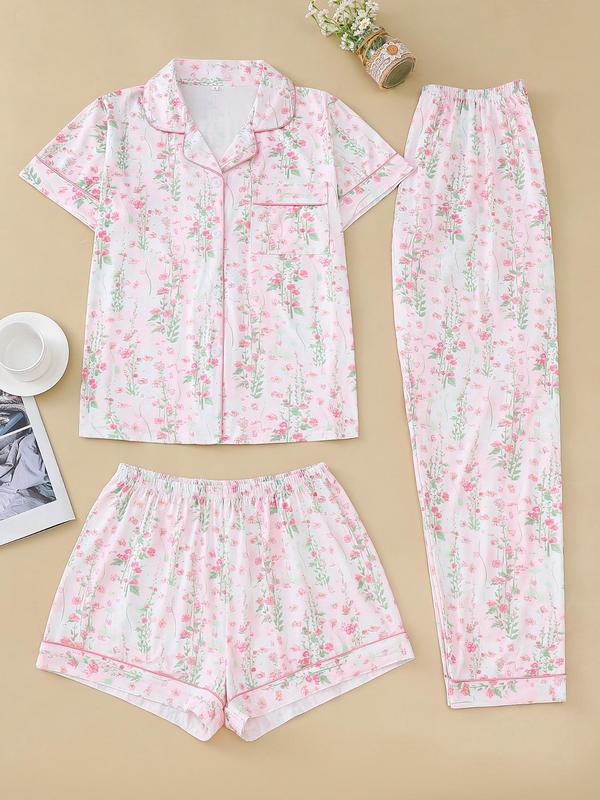 Three-Piece Set Women's Floral Print Lapel Pocket Shirt & Elastic Waist Pants & Shorts Pyjama Set, Casual Comfy Short Sleeve Button Up Top & Trousers & Shorts PJ Set, Ladies Sleepwear for All Seasons