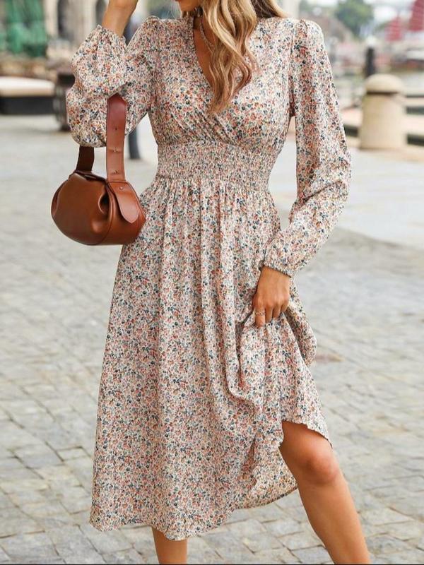 Women's Ditsy Floral Print Shirred A-line Dress, Elegant Bishop Sleeve V Neck Midi Dress for Spring & Fall, Women's Clothing for Daily Wear