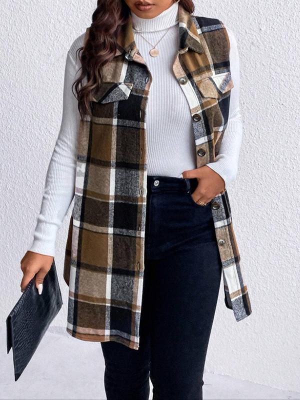  Plaid Print Button Front Curved Hem Vest Coat, Casual Sleeveless Collared Outerwear for Fall & Winter, Women's Clothes for Daily Wear, Fall Clothes