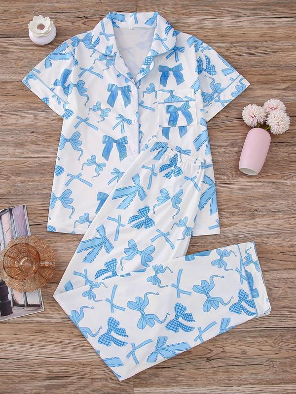 Two-piece Set Women's All Over Print Lapel Neck Pocket Shirt & Elastic Waist Pants Pyjama, Casual Comfy Short Sleeve Button Up Top & Trousers Set, Ladies Sleepwear for All Seasons