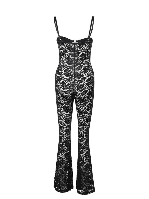 Women's Sheer Cut Out Backless Floral Lace Cami Jumpsuit, Adjustable Strap Ring Linked Jumpsuit for Summer, Fashion Women's Clothing for Daily Wear