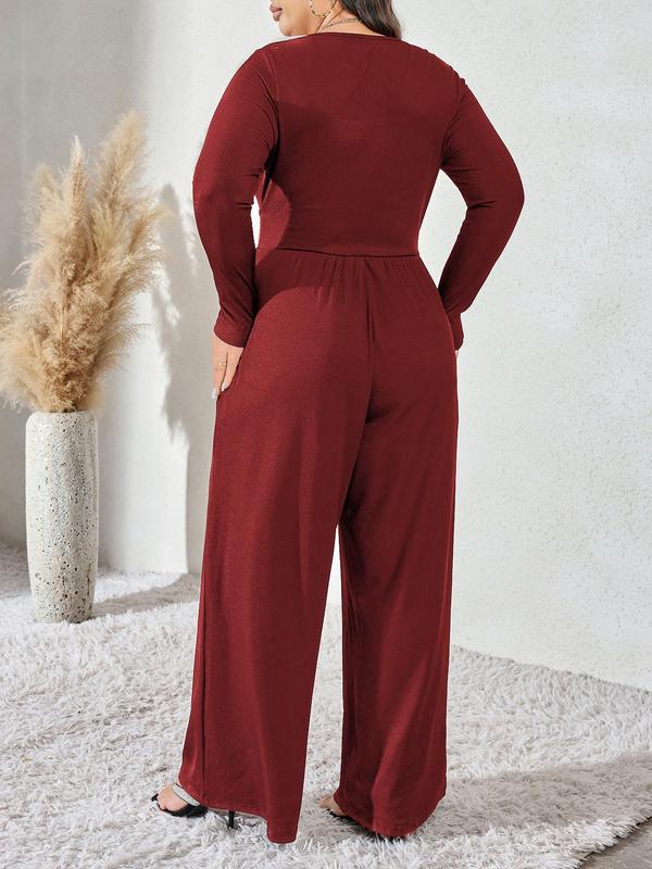 CURVZY Christmas Deals, Plus Size Solid Pocket Wide Leg Jumpsuit, Casual Long Sleeve Scoop Neck Jumpsuit for Daily Wear, Women's Clothing for All Seasons, Christmas 2024 Trend, Fall & Winter Clothes