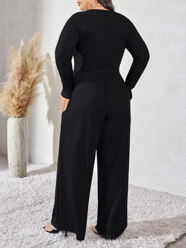 CURVZY Christmas Deals, Plus Size Solid Pocket Wide Leg Jumpsuit, Casual Long Sleeve Scoop Neck Jumpsuit for Daily Wear, Women's Clothing for All Seasons, Christmas 2024 Trend, Fall & Winter Clothes