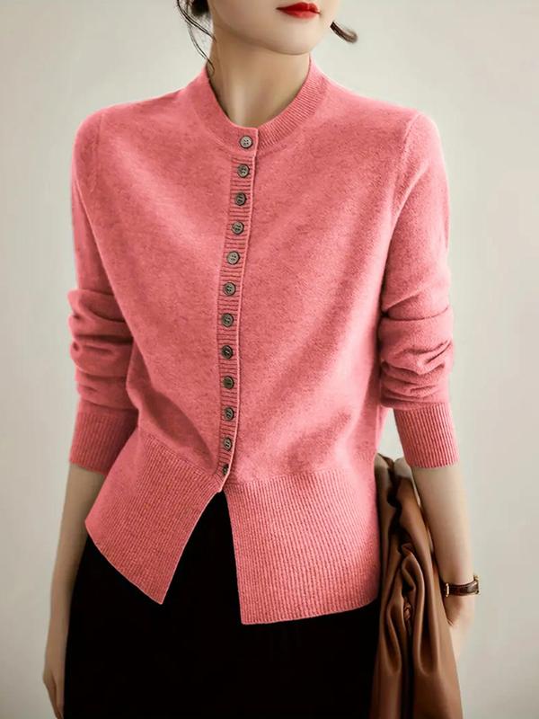 Women's Plain Button Front Cardigan, Casual Long Sleeve Round Neck Knitwear for Daily Wear, Ladies Clothes for Fall & Winter