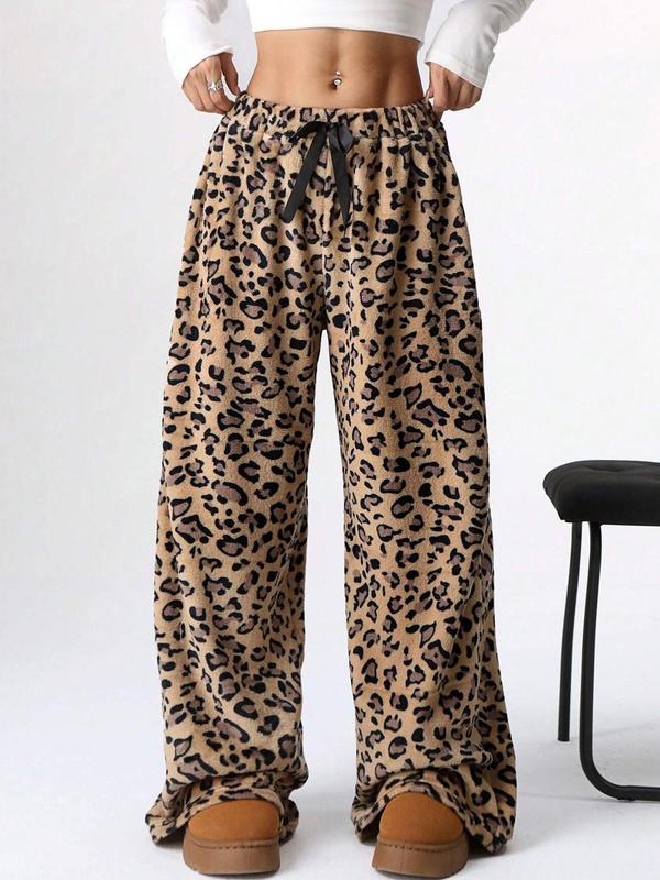 Women's Leopard Print Bow Front Wide Leg Pants, Casual Comfy Trousers for Daily Wear, Ladies Bottoms for Fall & Winter