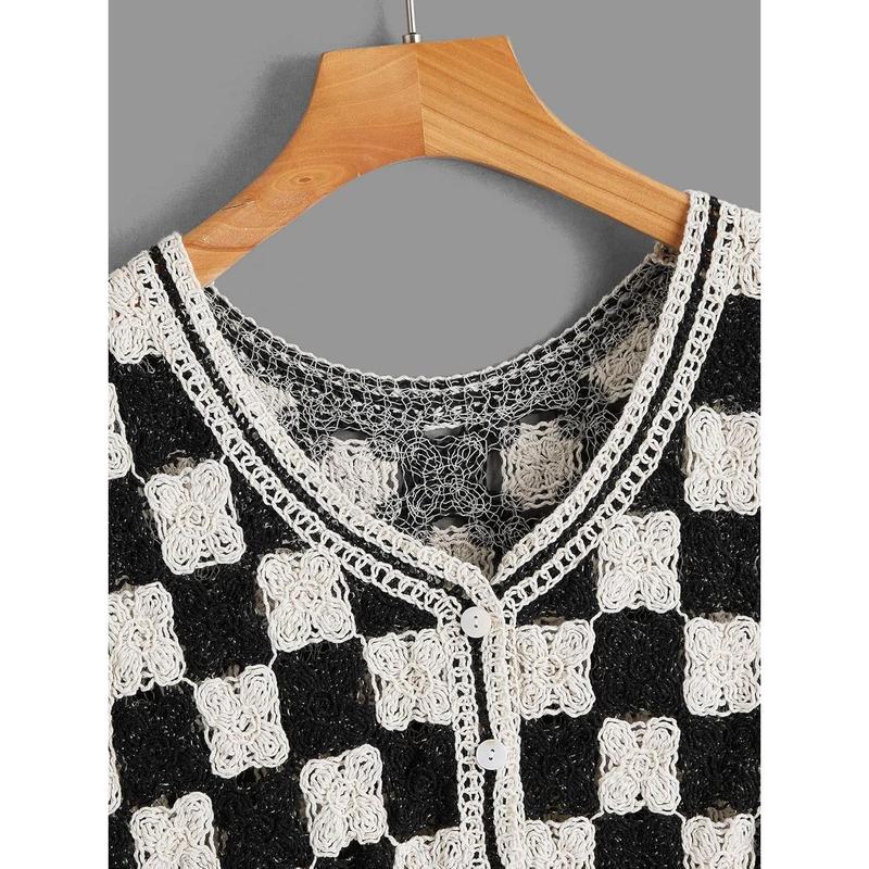 Button Front V Neck Sleeveless Crochet Plaid Checkered Knit Sweater VestY2K