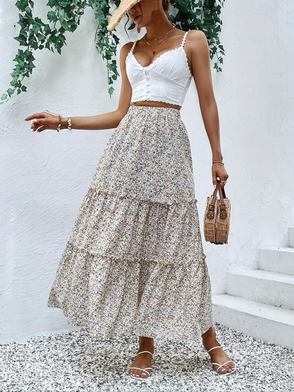 Women's Ditsy Floral Print Frill Trim Ruffle Hem Vintage A Line Skirt, Boho Fashion High Waist Long Skirt for Daily Holiday Vacation Wear, Skirts for Women, Ladies Bottoms for All Seasons