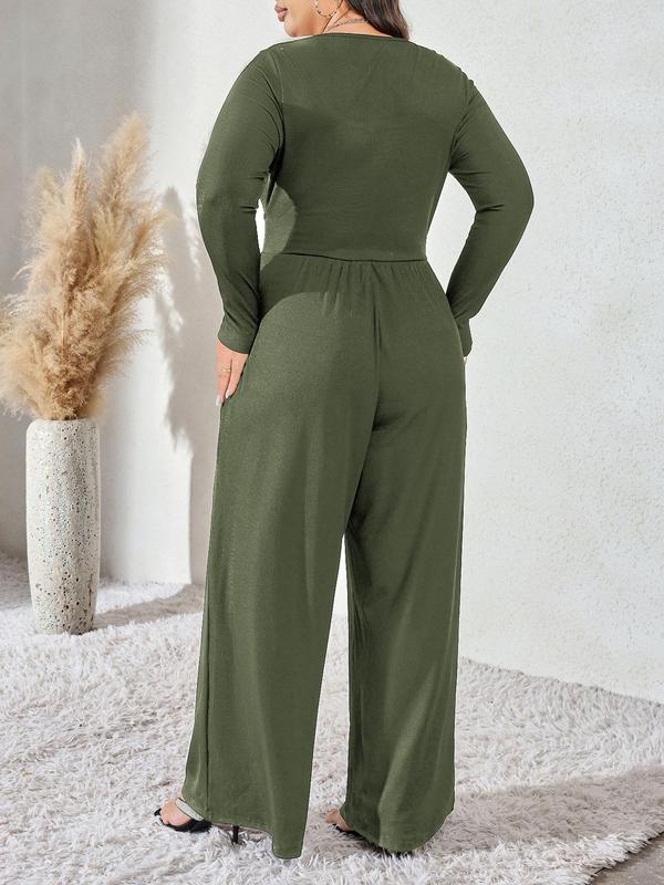 CURVZY Christmas Deals, Plus Size Solid Pocket Wide Leg Jumpsuit, Casual Long Sleeve Scoop Neck Jumpsuit for Daily Wear, Women's Clothing for All Seasons, Christmas 2024 Trend, Fall & Winter Clothes