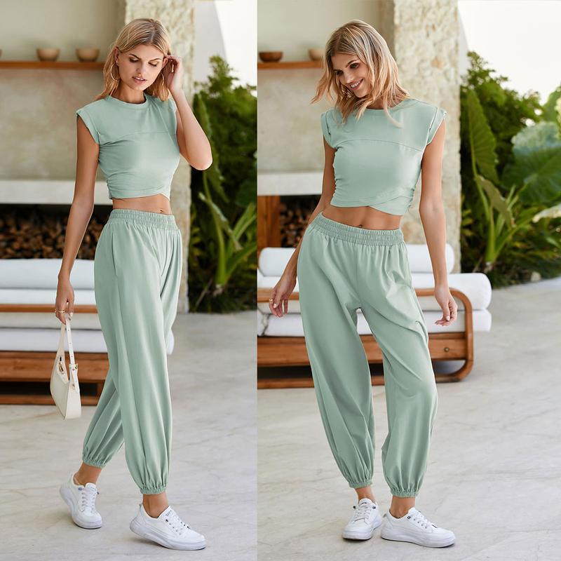 UANEO Women's Two-Piece Casual Suit Short Top With Sports Pants Sportswear With Pockets Lady Comfort Minimalist