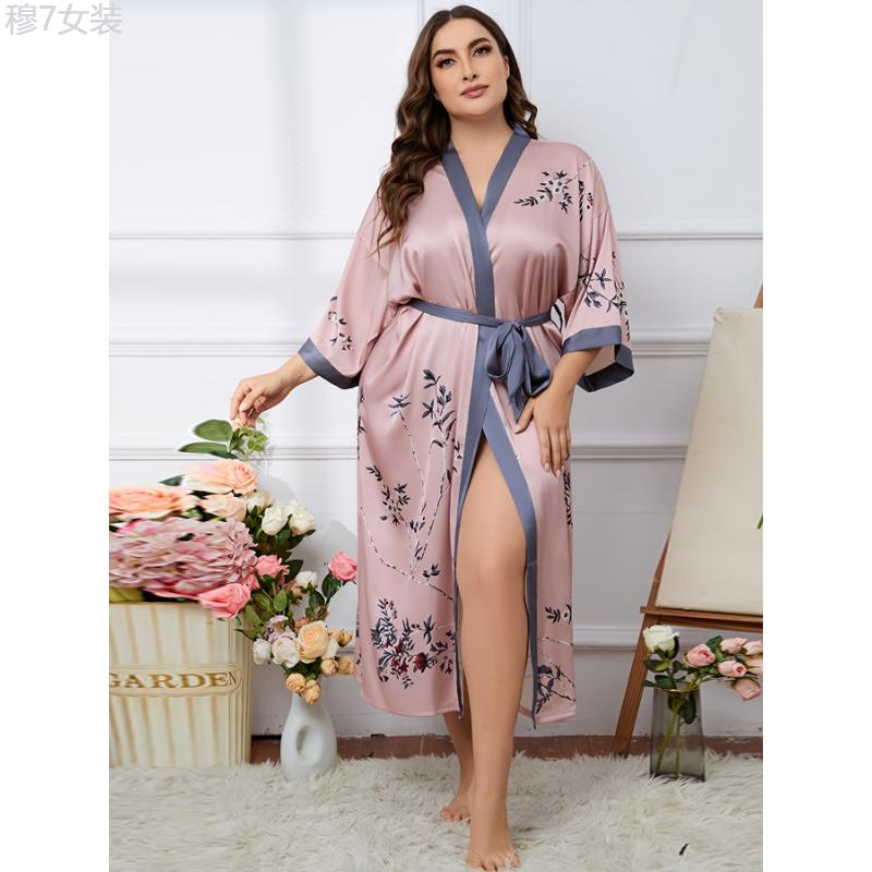 Plus Size Elegant Long Robe - Soft Graphic Print, Long Sleeve, Slight Stretch, One-Size Fits Most, Comfortable, Luxurious, Ramadan-Inspired Design, Women's Bathrobe for Relaxation Womenswear Collar Dress Loungewear Gowns Nightwear bridal robes Fabric