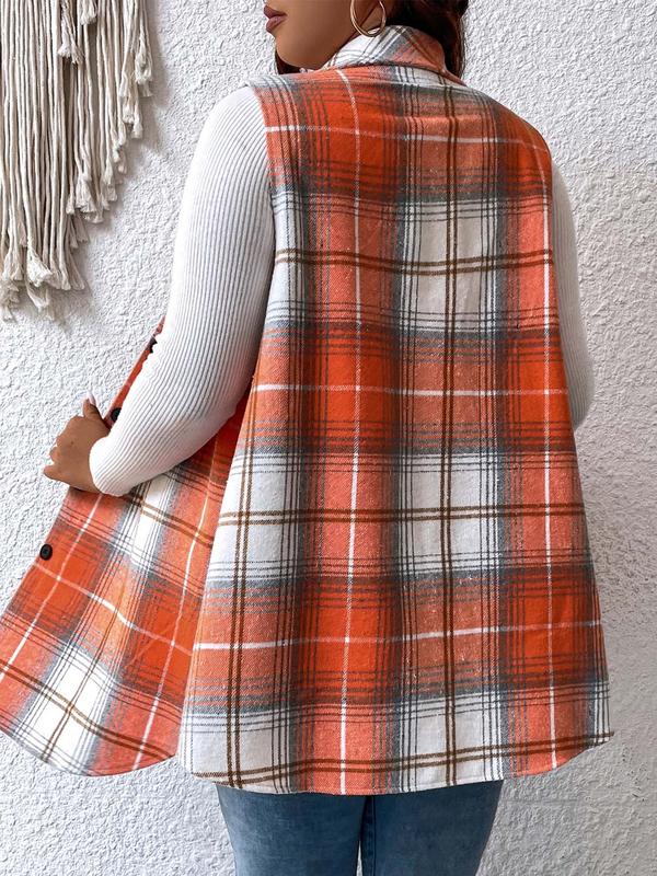  Plaid Print Button Front Pocket Vest Coat, Casual Sleeveless Collared Outerwear for Daily Wear, Winter Clothes Women, Women's Clothing for All Seasons