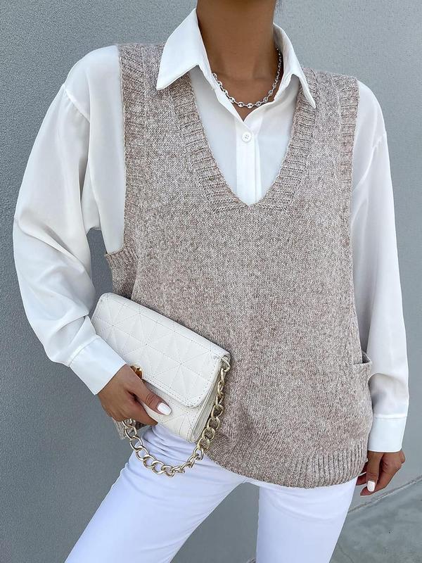 Women's Solid V Neck Sweater Vest, Casual Sleeveless Knit Top for Spring & Fall, Fashion Women's Knitwear for Daily Wear