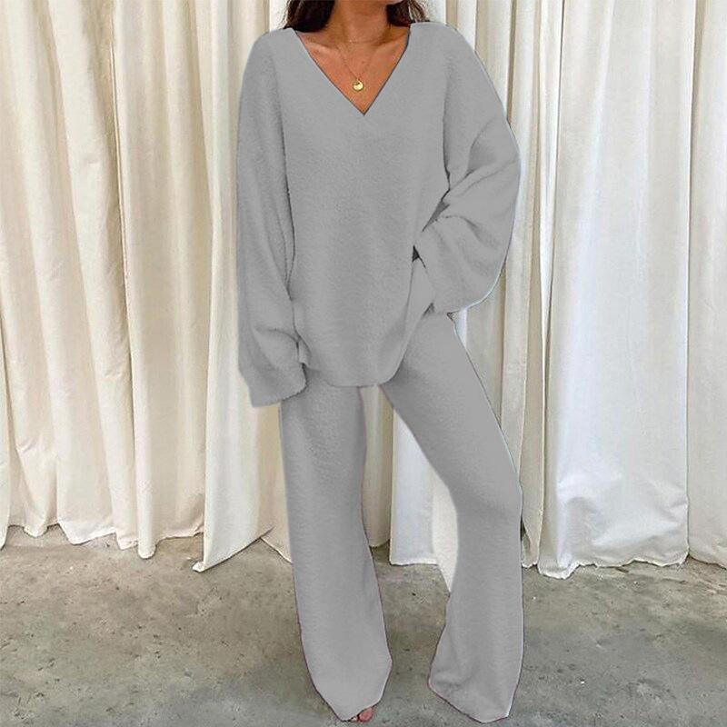 2024 New Arrival Hot Sale Winter Comfortable Solid Color V-neck Casual Daily Home Warm Two-Piece Suit