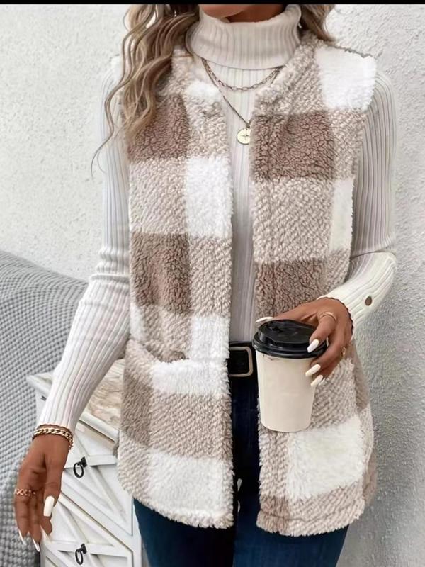 Women's Plaid Print Pocket Design Fuzzy Vest Coat, Casual Sleeveless Waistcoat Outerwear for Fall & Winter, Women's Fall Clothes  for Daily Wear