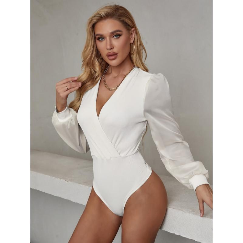 Solid Surplice Neck Bodysuit, Elegant Illusion Long Sleeve Skinny Bodysuit, Women's Clothing