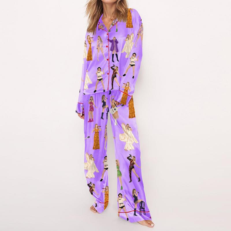 The Eras Tour Film Pajama Set For Women Print Comfy Satin Sleepwear & Loungewear Pjs Printing Silky Top & Bottoms - SHESHOW