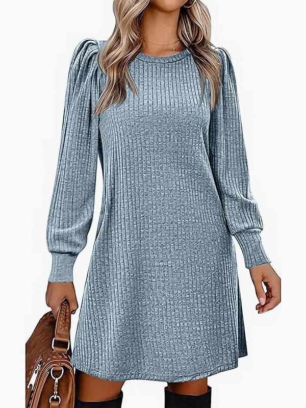 Women's Plain Pocket Round Neck A Line Dress, Casual Long Sleeve Crew Neck Short Dress for Fall & Winter, Women's Clothing for Daily Wear