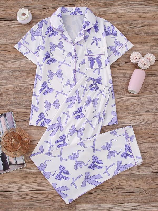 Two-piece Set Women's All Over Print Lapel Neck Pocket Shirt & Elastic Waist Pants Pyjama, Casual Comfy Short Sleeve Button Up Top & Trousers Set, Ladies Sleepwear for All Seasons