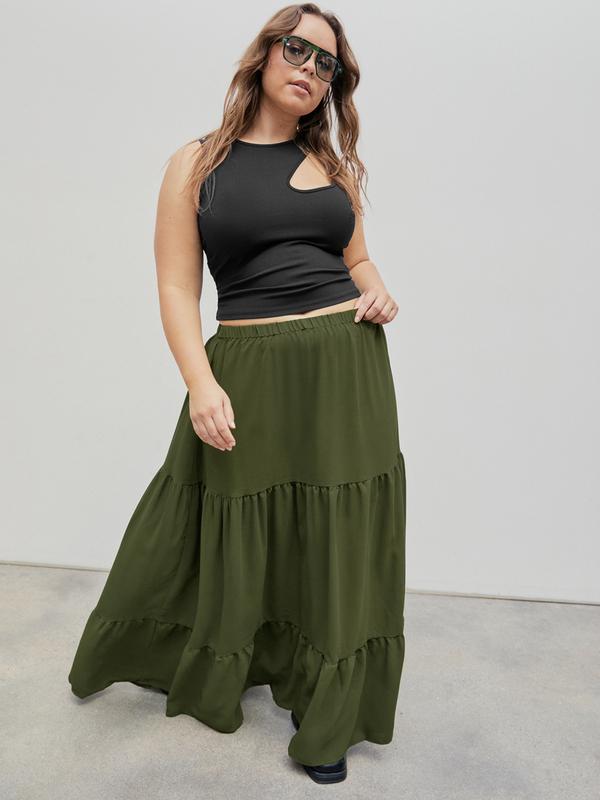 Cider [10 colors, size 0-26] Boho Elastic High Waist Pleated A-line Ruffle Lace Trim Tiered Midi Skirt with Slit, Beach Skirt, Picnic Outfit