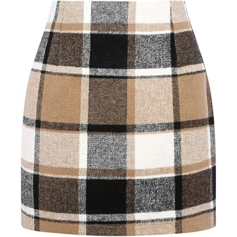 Women's High-Waisted Plaid Half Skirt Christmas Skirt Fall and Winter Versatile Skirt Pencil Wool Mini Skirt Multi-Color Optional Women's Elastic