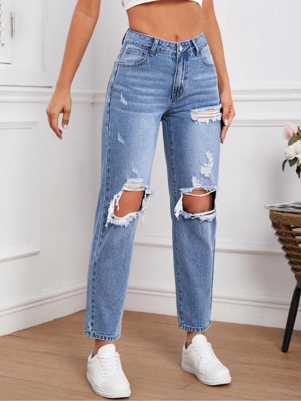 Women's Basic Plain Button Pocket Ripped Vintage Jeans, Summer Clothes, Jeans for Women, Fashion Streetwear, Minimalist Comfort High Waist Distressed Denim Pants, for Daily Wear, Womenswear Trouser