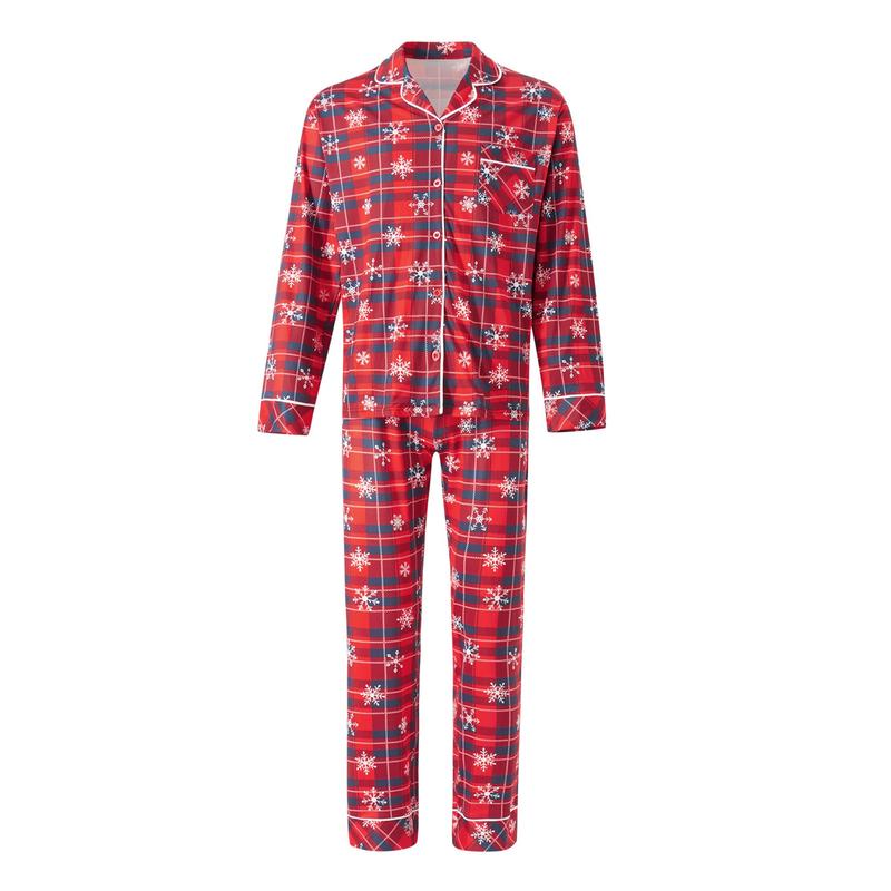 Red Matching Christmas Pajamas For Family Snowflake Plaid Print Long Sleeve Button Tops and Casual Pants Sleepwear