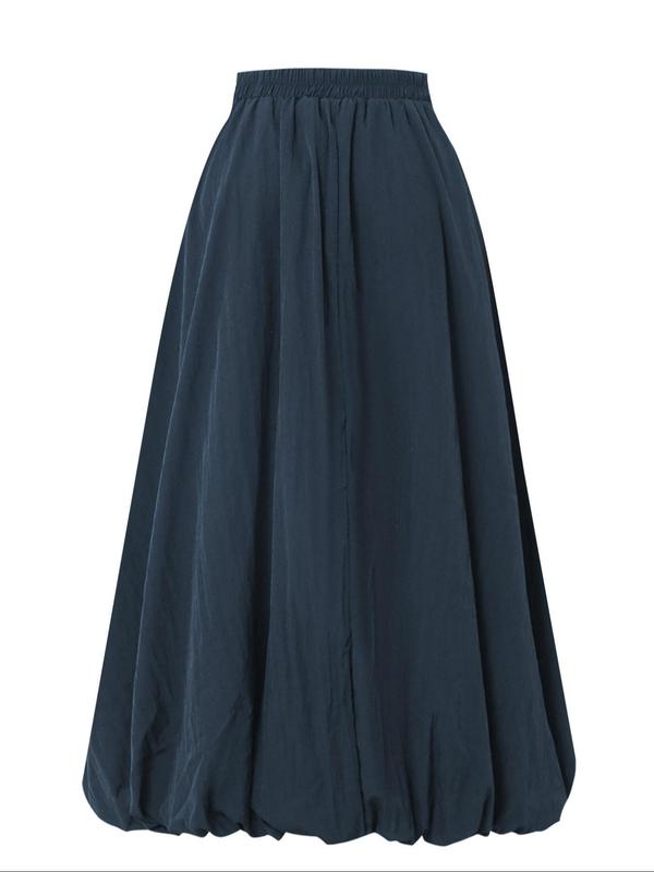 Women's Solid Pocket Elastic Waist Bubble Skirt, Casual Fashion A-Line Midi Skirt for Daily Outdoor Wear, Women's Bottoms for Fall & Winter Womenswear