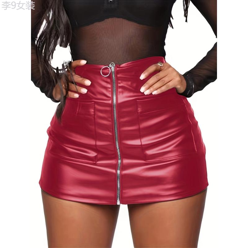 Mini PU Leather Skirt with Zipper & Pocket Front, Women's Clothing Fabric Polyester