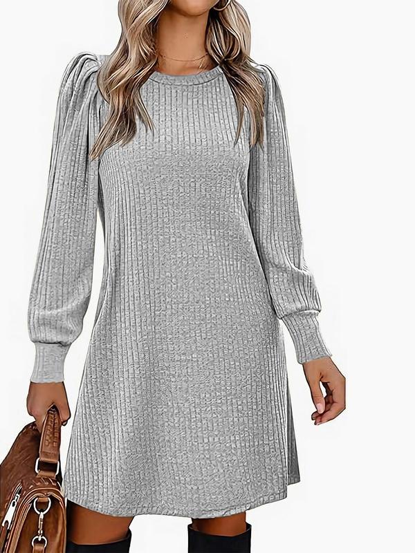 Women's Plain Pocket Round Neck A Line Dress, Casual Long Sleeve Crew Neck Short Dress for Fall & Winter, Women's Clothing for Daily Wear