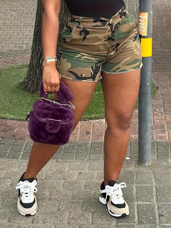 Women's Camo Print High Waist Button Front Skinny Shorts, Lady Casual Comfy Camouflage Shorts for Summer, Summer Clothes Women, Back To School Outfits, Ladies Comfort Bottoms for Daily Wear, Womenswear, Workout Shorts