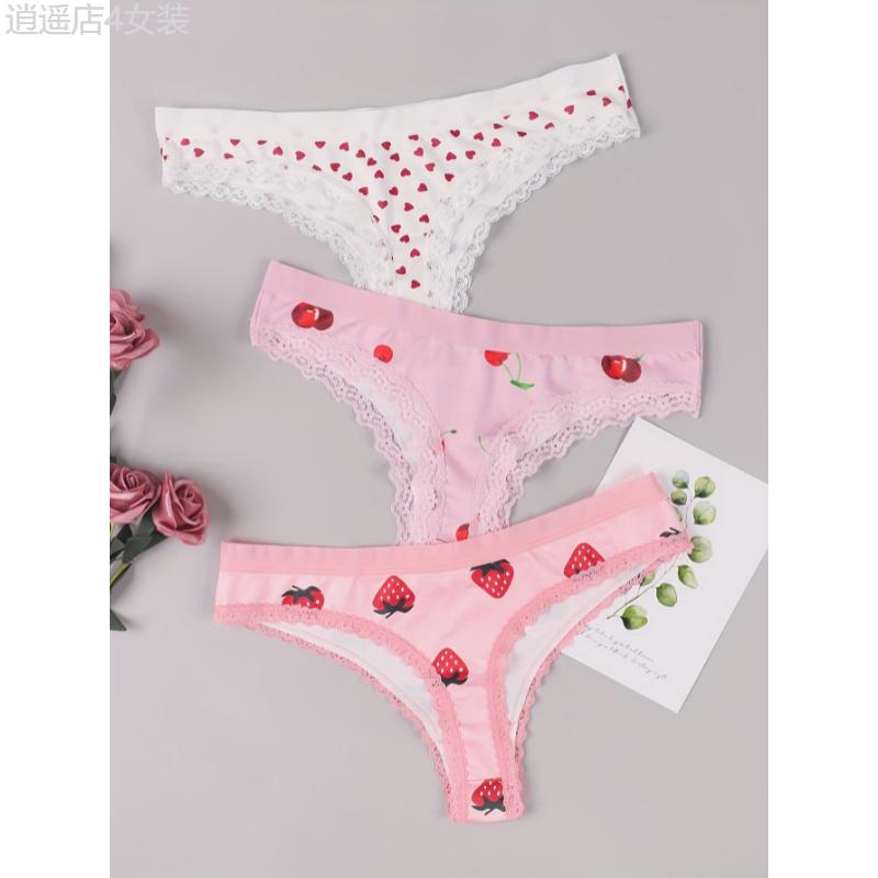 3pcs Cute Heart & Fruit Print Thongs, Lace Trim Comfy Intimates Panties for Women Fabric Panty