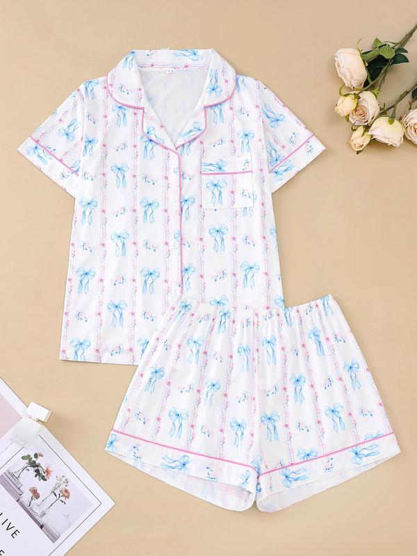 Two-Piece Set Women's All Over Bow Print Pocket Button Front Shirt & Bow Decor Shorts Pyjama, Casual Comfy Short Sleeve Lapel Top & Elastic Waist Shorts PJ Set, Ladies Summer Sleepwear, 2000s Wear 2000S Wear