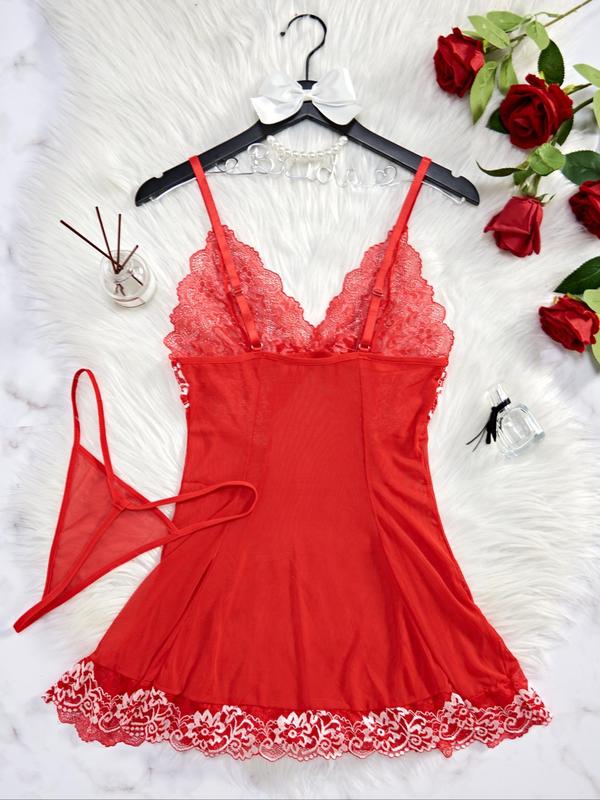 Plus Size Contrast Floral Lace Bow Decor Cami Nightdress & Sheer Thong Sexy Lingerie Two-piece Set, Adjustable Strap Nighty Dress & Panty Set, Women's Sleepwear Set for All Seasons