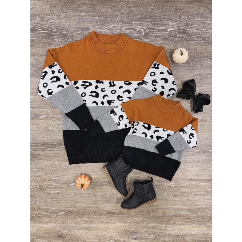 Mom and Me - Matching Rust & Black Cheetah Color Block Long Sleeve Fall Sweater for Mother Daughter