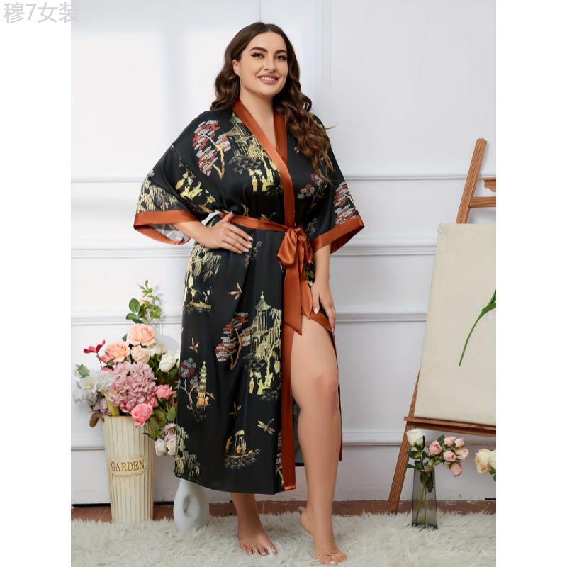 Plus Size Elegant Long Robe - Soft Graphic Print, Long Sleeve, Slight Stretch, One-Size Fits Most, Comfortable, Luxurious, Ramadan-Inspired Design, Women's Bathrobe for Relaxation Womenswear Collar Dress Loungewear Gowns Nightwear bridal robes Fabric