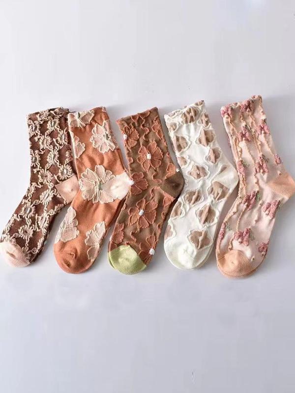 Women's 5 Pairs Floral Embossed Crew Socks, Fashionable Casual Cozy Breathable Socks for Daily Wear, Women Socks for All Seasons