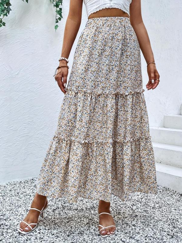 Women's Ditsy Floral Print Frill Trim Ruffle Hem Vintage A Line Skirt, Boho Fashion High Waist Long Skirt for Daily Holiday Vacation Wear, Skirts for Women, Ladies Bottoms for All Seasons