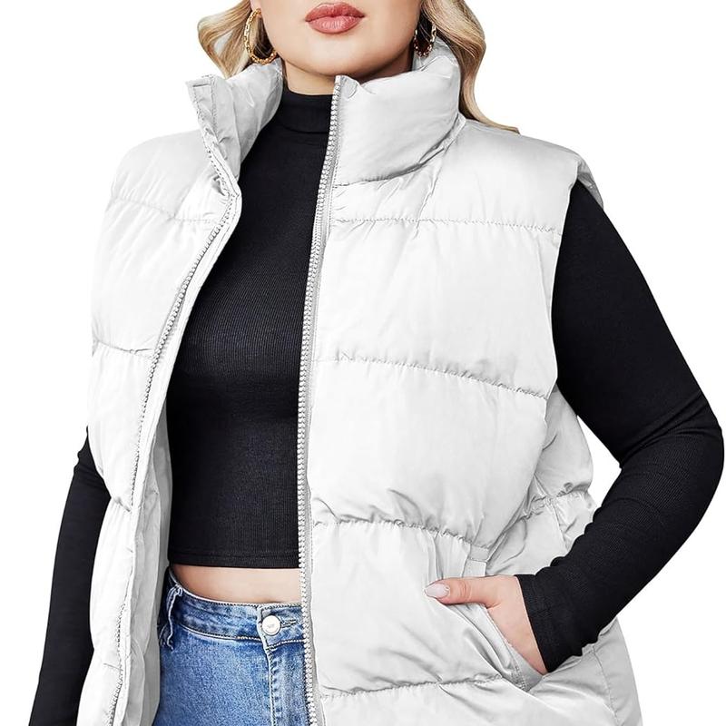 Holiday Haul IN'VOLAND Women's Plus Size Zip Up Puffer Vest Stand Collar Outerwear Sleeveless Padded Jacket Coat with Pockets Womenswear Fabric Adjustable Bodycon Cute Denim Dress