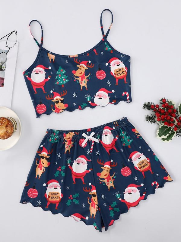 Two-piece Set Women's Christmas Cartoon Graphic Bow Pajamas Set, Comfort Scallop Trim Camisole & Elastic Waist Pants Loungewear Set for Fall, Christmas Pajamas, Comfort Homewear for Lady Birthday Gifts