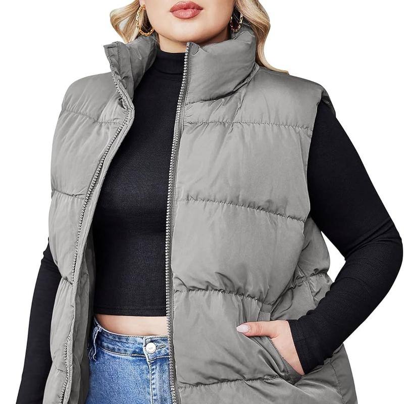 Holiday Haul IN'VOLAND Women's Plus Size Zip Up Puffer Vest Stand Collar Outerwear Sleeveless Padded Jacket Coat with Pockets Womenswear Fabric Adjustable Bodycon Cute Denim Dress