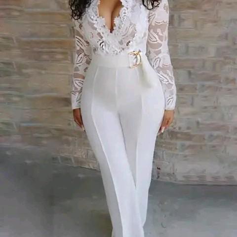 White Lace Long Sleeve V-Neck Jumpsuit Casual Womenswear Comfortable Polyester Elegant Breathable Wedding Zipper