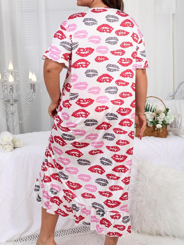 Plus Size All Over Lip Print Drop Shoulder Nightdress, Summer Clothes Women, Plus Size Casual Comfy Round Neck Half Sleeve Nightgown For Women, Women's Sleepwear For Summer