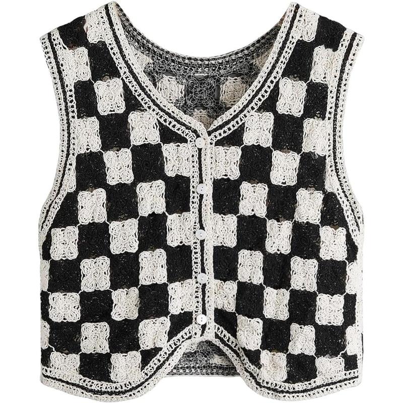 Button Front V Neck Sleeveless Crochet Plaid Checkered Knit Sweater VestY2K